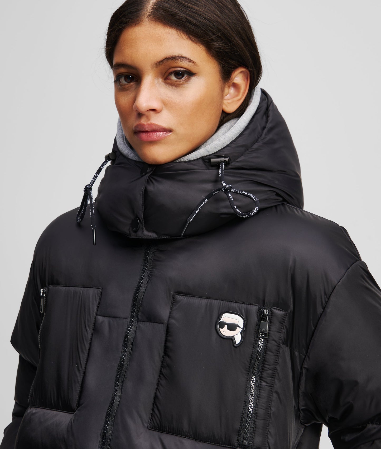 Karl Lagerfeld Women's Black Ikon Puffer 
Jacket Removable hoodie