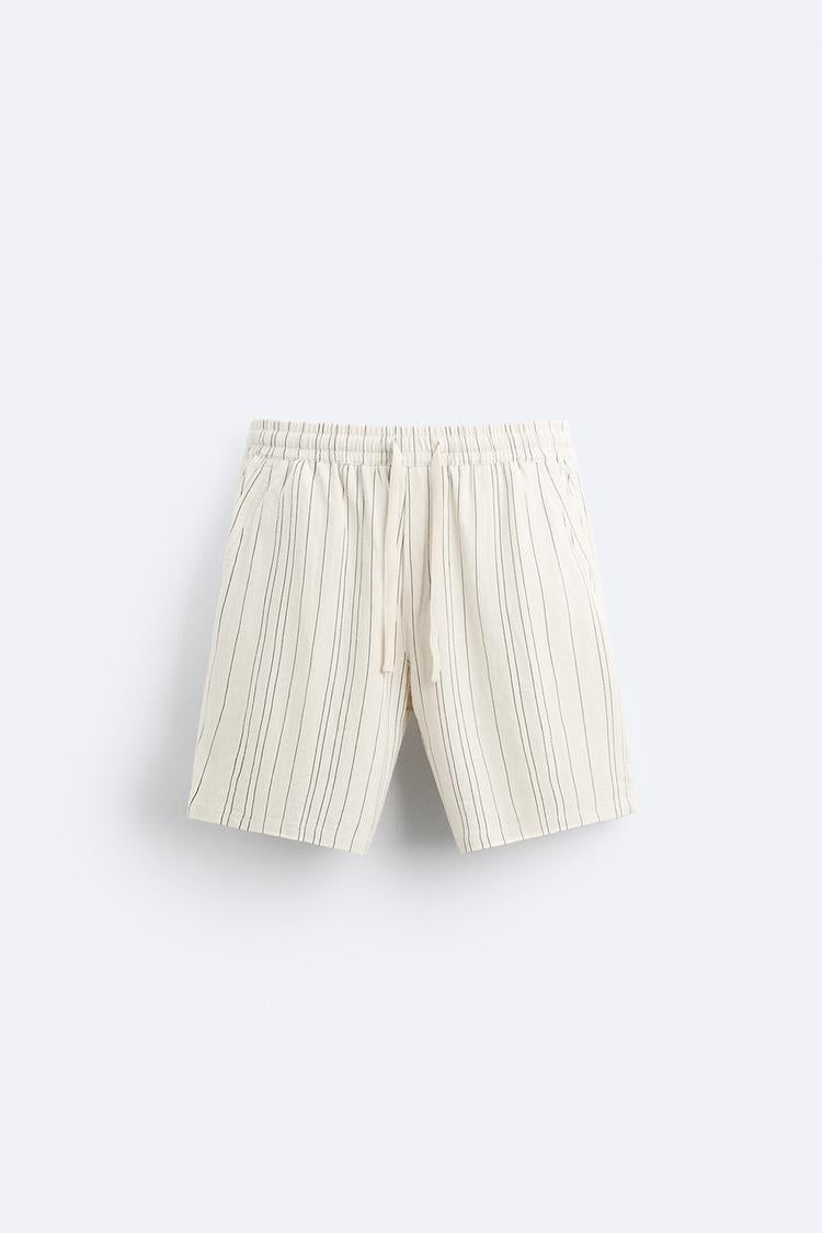 Zara Viscose- Linen Bermuda Short Striped Off White