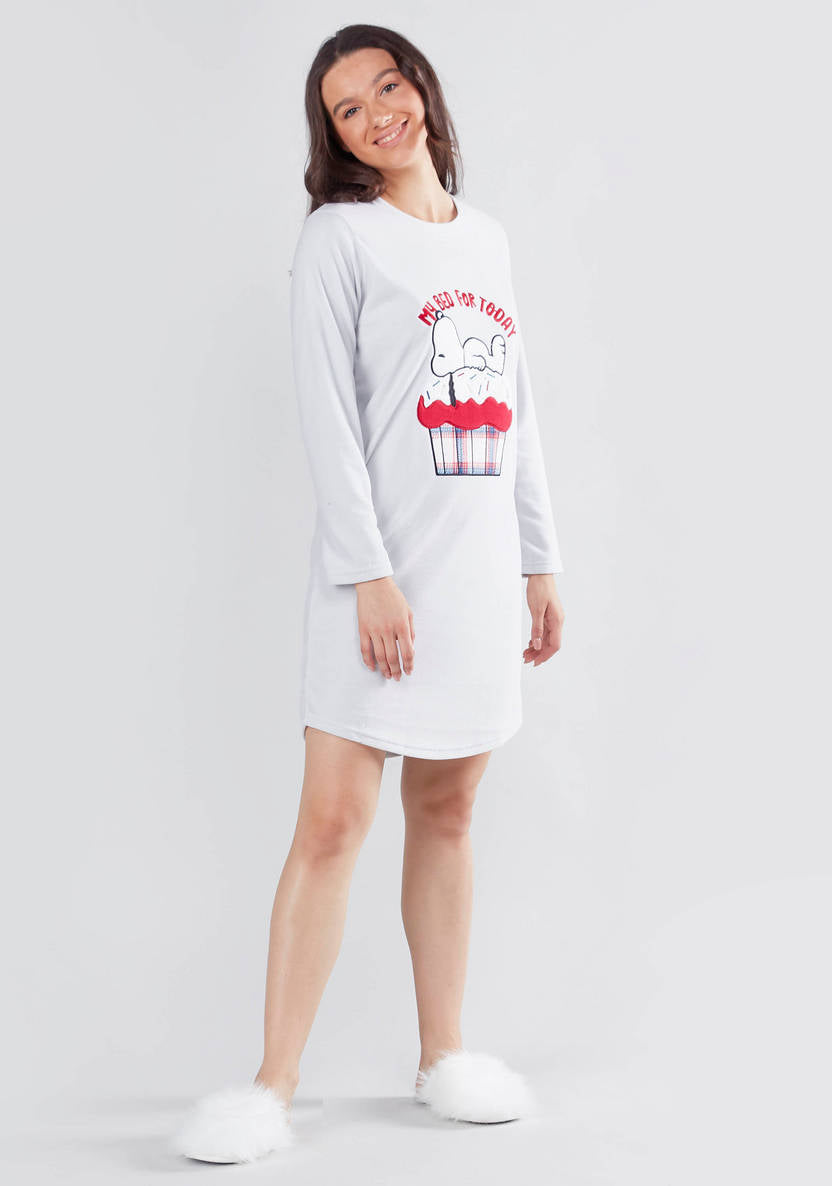 Cozy Collection Printed Sleep Dress with Round Neck and Long Sleeves