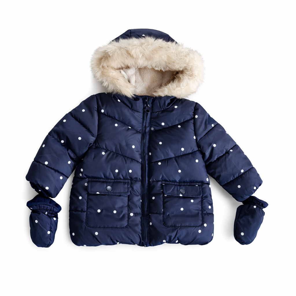 Primark This navy polka dot baby jacket is from Primark and includes a hood and matching mittens