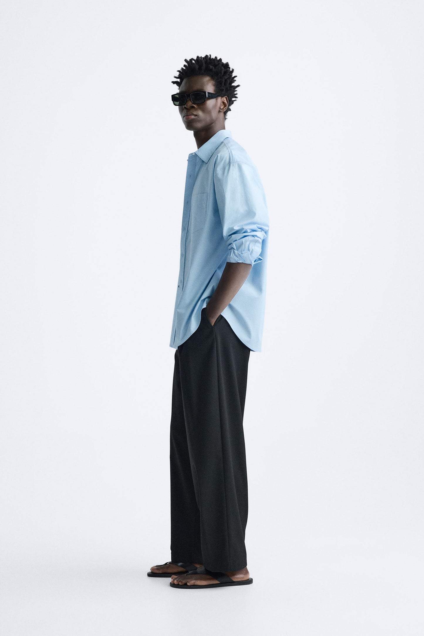 Zara relaxed Pocket poplin shirt baby blue FIT BIGGER