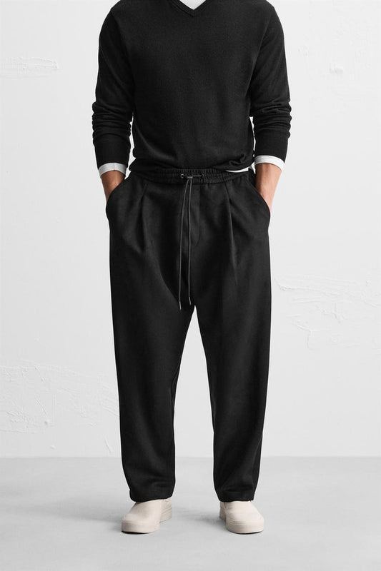 ZARA PLEATED TAPERED WIDE LEG TROUSER BLACK