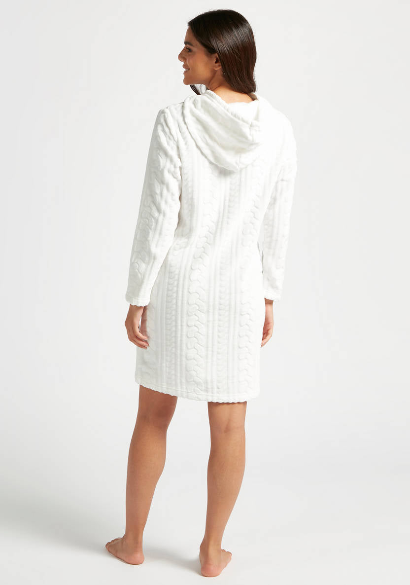 Textured Hooded Sleepshirt with Long Sleeves and Embroidery Detail