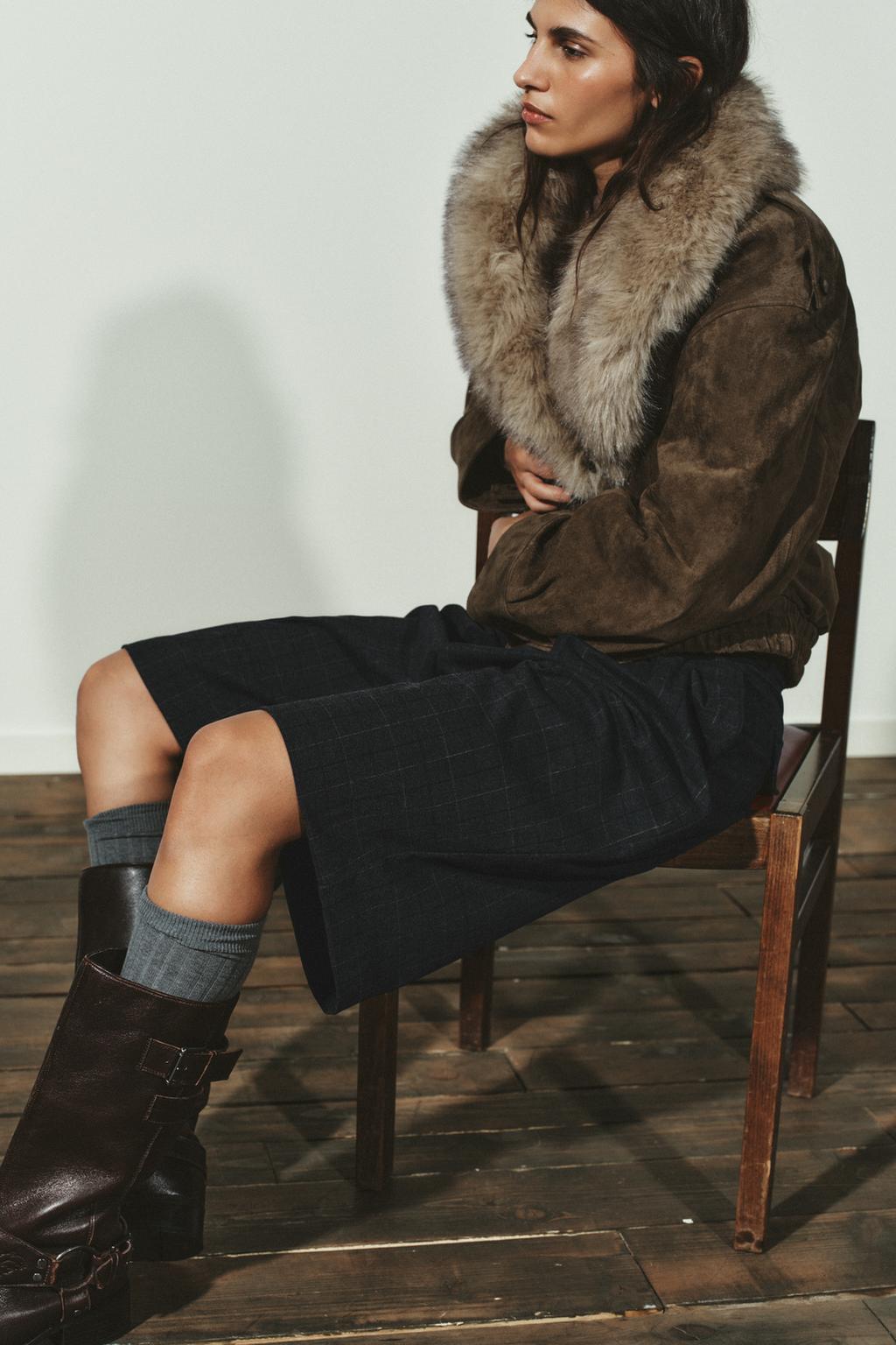 Zara women SUEDE LEATHER JACKET WITH FUR EFFECT Khaki