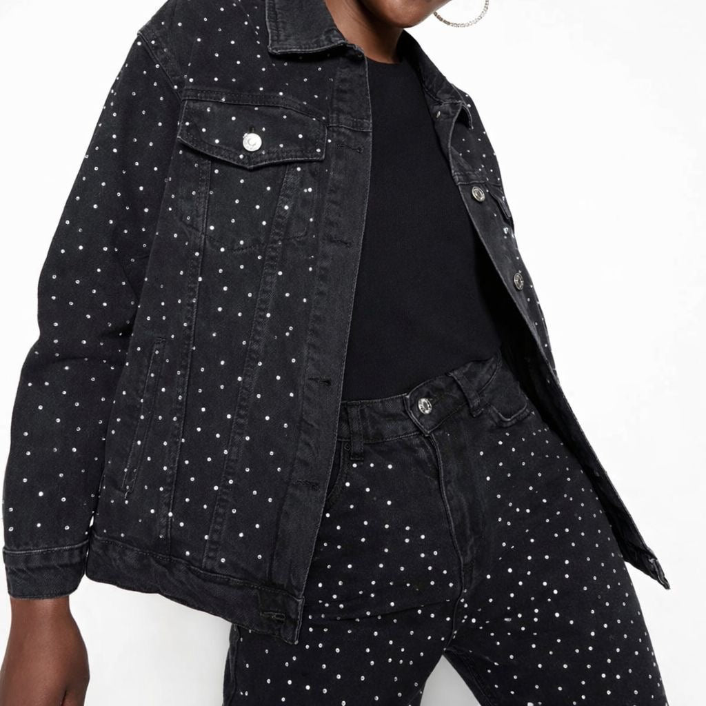 TRENDYOL COLLECTION BLACK JEWELLED OVERSIZE DENIM JACKET