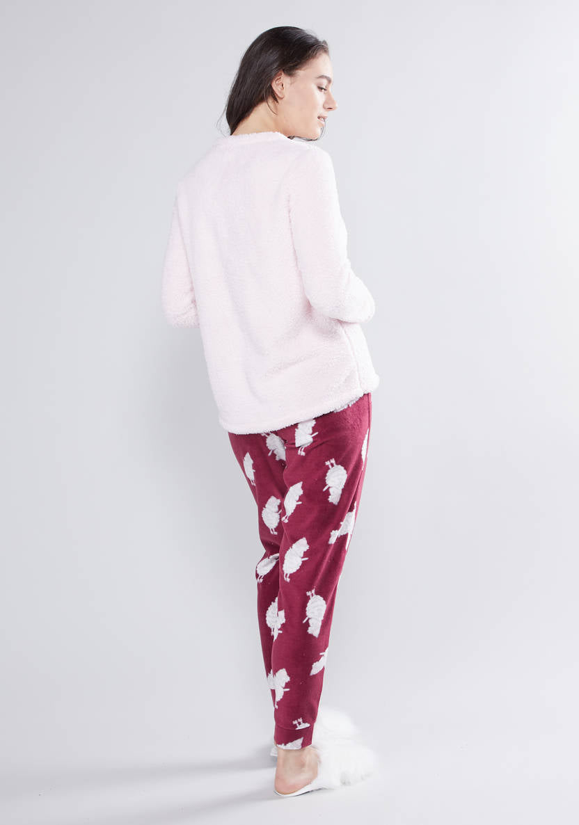 Cozy Collection textured T-shirt with round neckline and printed pajama pants set