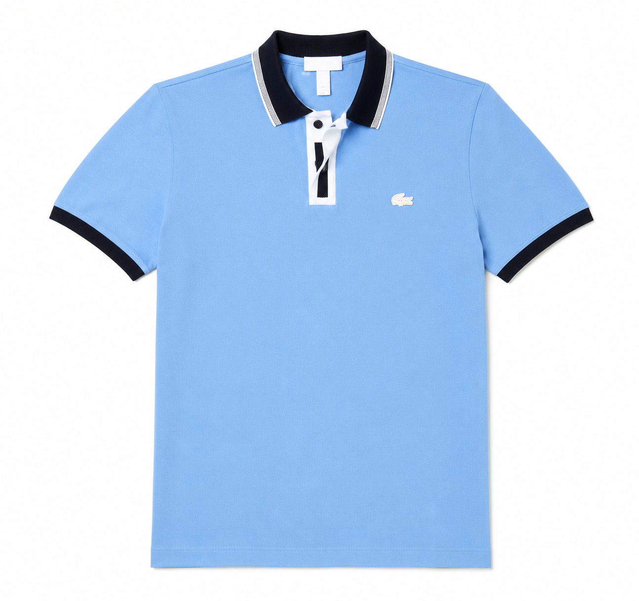 Lacoste Men's Regular Fit Contrasting Accents Piqué Polo features a light blue cotton