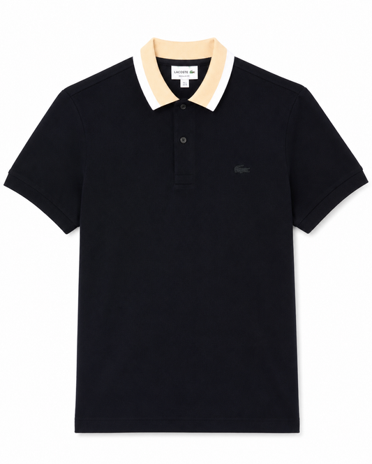 Lacoste Men's Regular Fit Piqué Polo featuring a contrasting beige and white collar