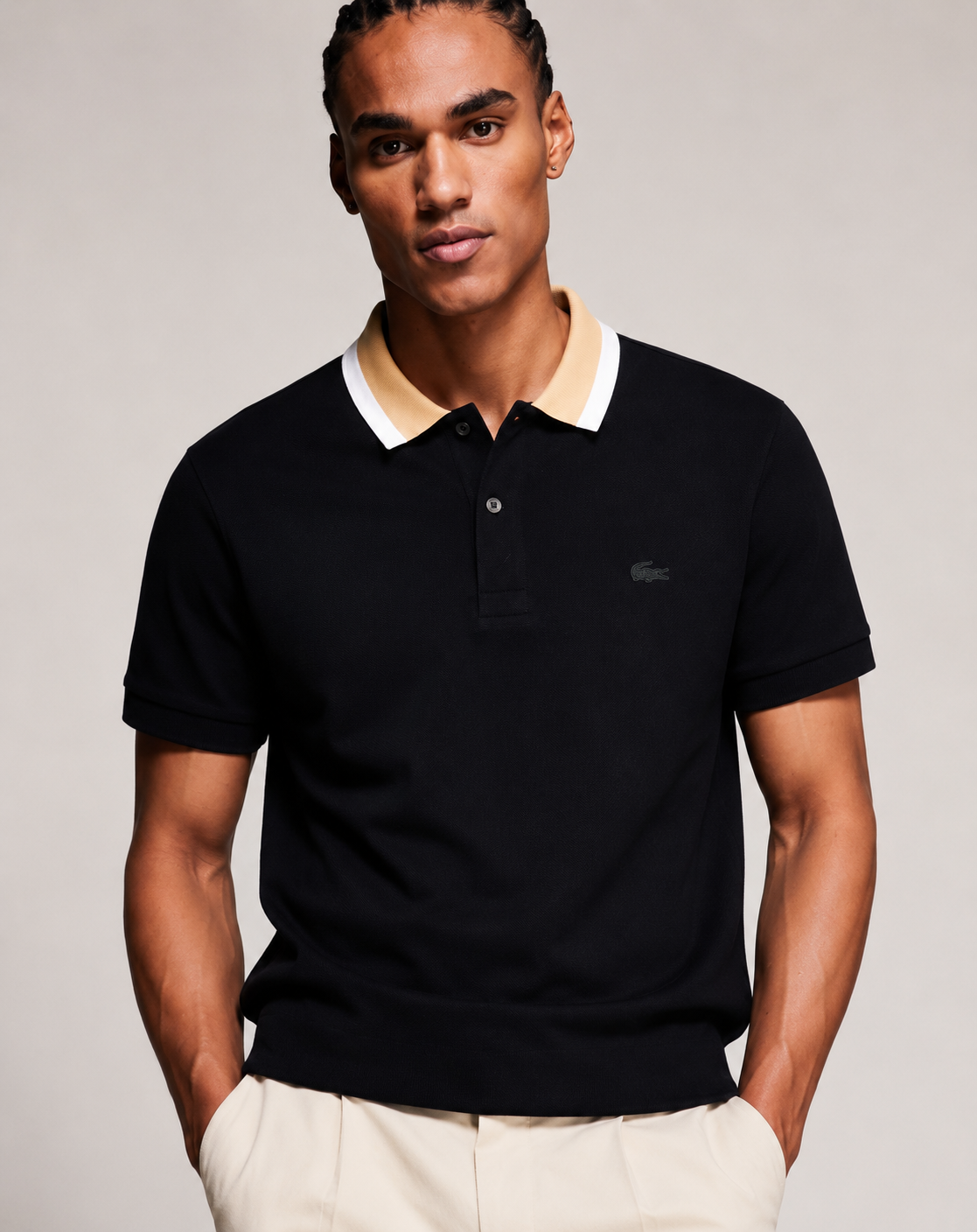 Lacoste Men's Regular Fit Piqué Polo featuring a contrasting beige and white collar