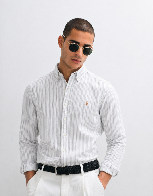 Polo Ralph Lauren full striped linen button-down shirt custom fit light gray