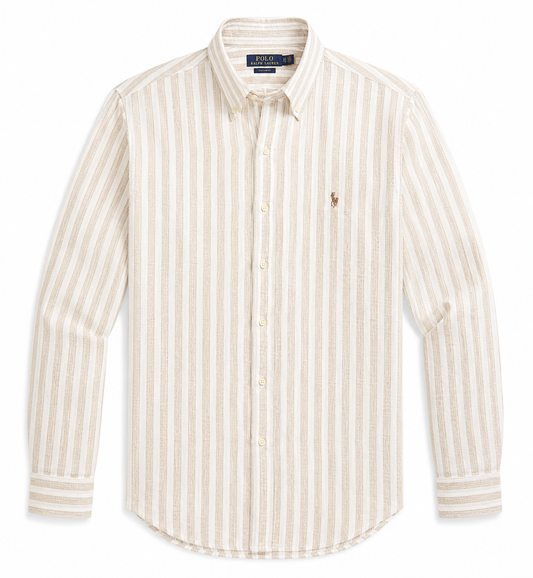 Polo Ralph Lauren full striped linen button-down shirt custom fit beige