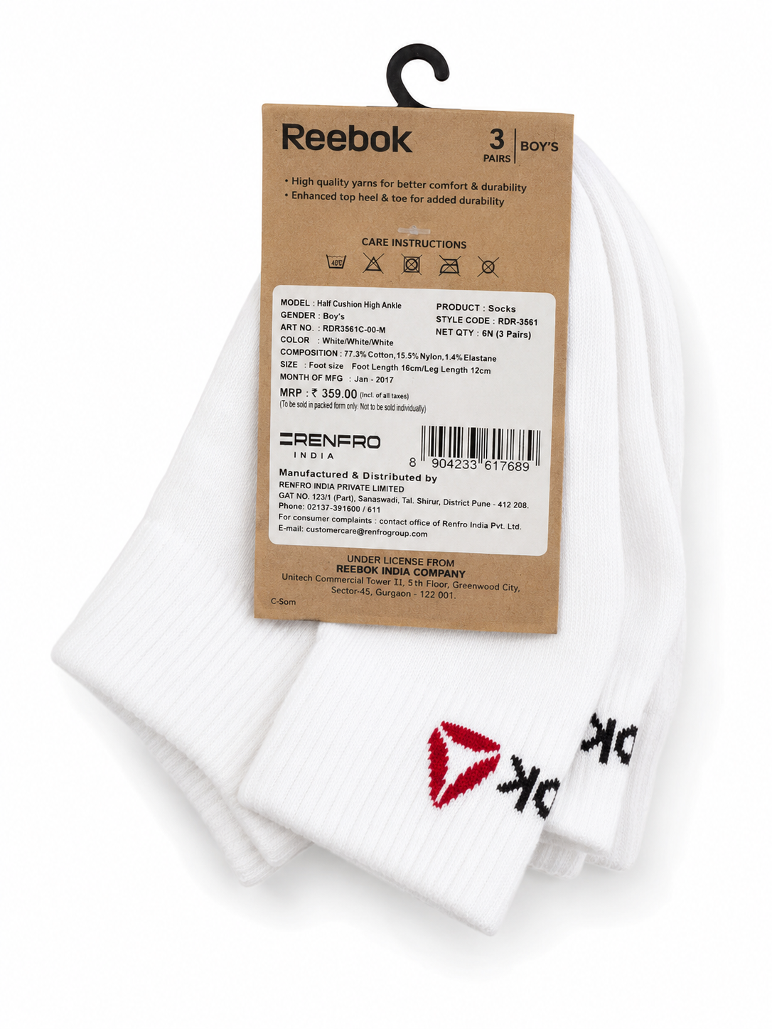 Reebok 3 pairs white  ankle foot lenght 16 cm (shoes size 26-27 )