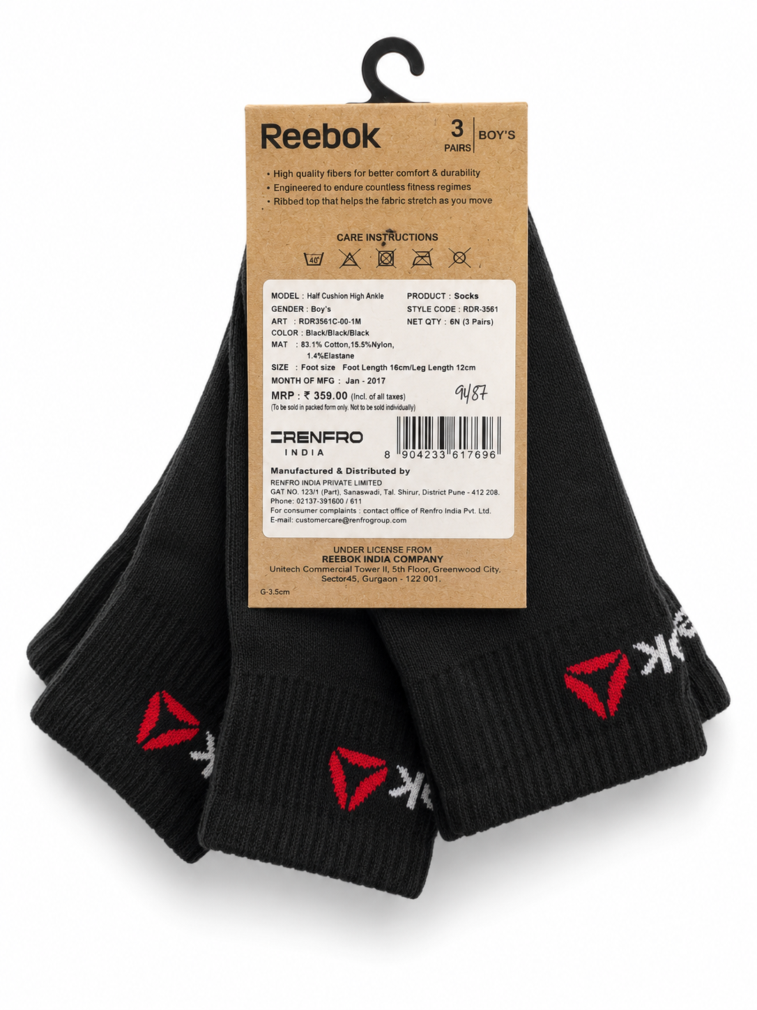 Reebok 3 pairs black  ankle foot lenght 16 cm (shoes size 26-27 )