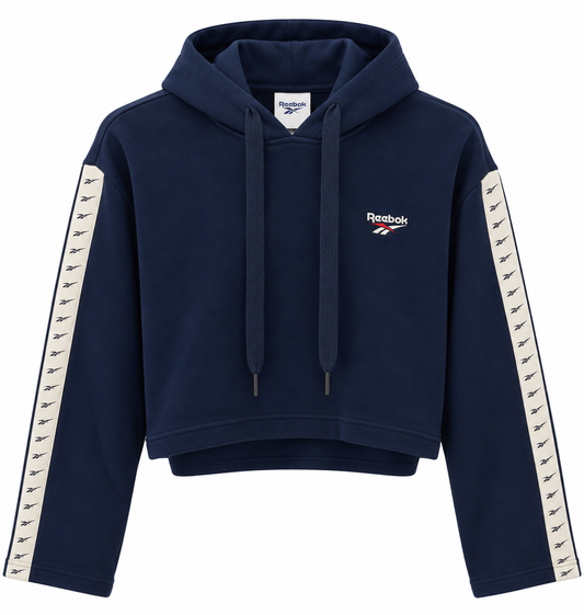 Reebok Navy Blue Cropped Hoodie with Logo Tape Sleeves
