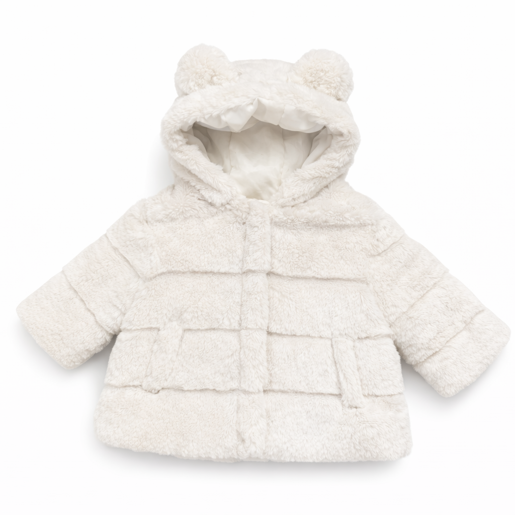 Primark  white faux fur winter coat featuring a hood with bear ears