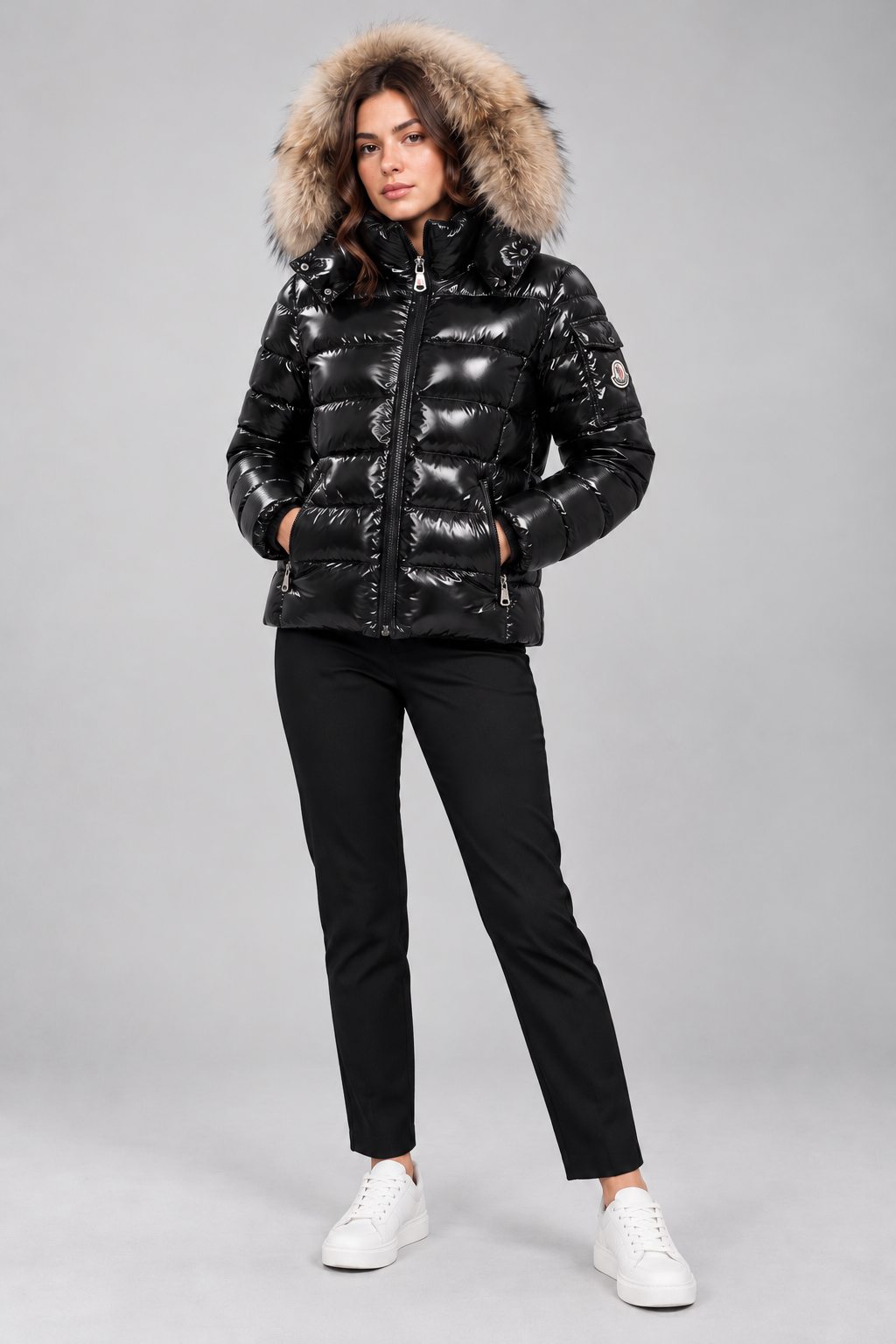 Women’s Black Glossy Fur Hood Puffer Jacket