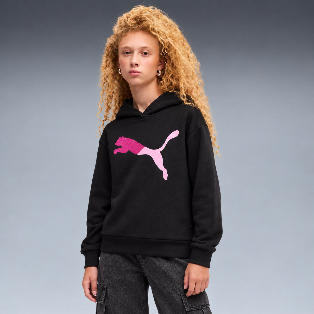 Puma Girls Logo Pullover Hoodie – Black & Pink Fleec