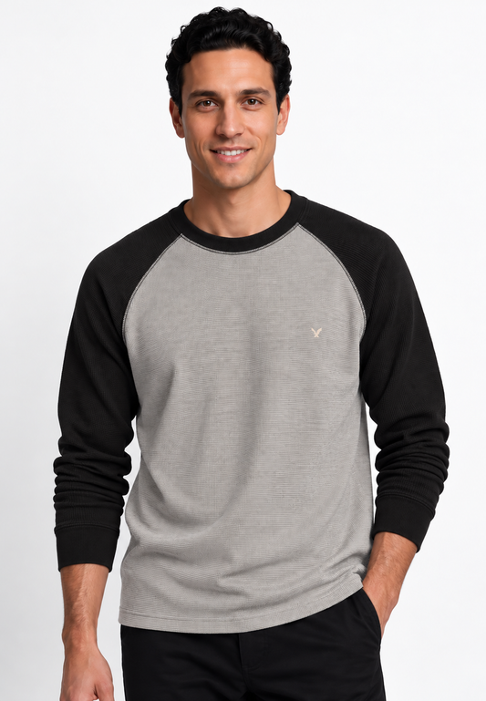 American Eagle Waffle-Knit Long Sleeve T-Shirt – Grey & Black