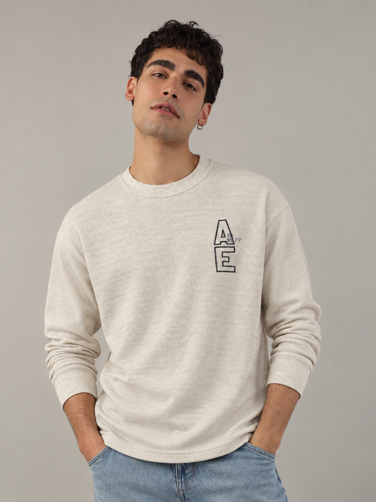 American Eagle Lightweight Waffle-Knit Long Sleeve T-Shirt – Cream