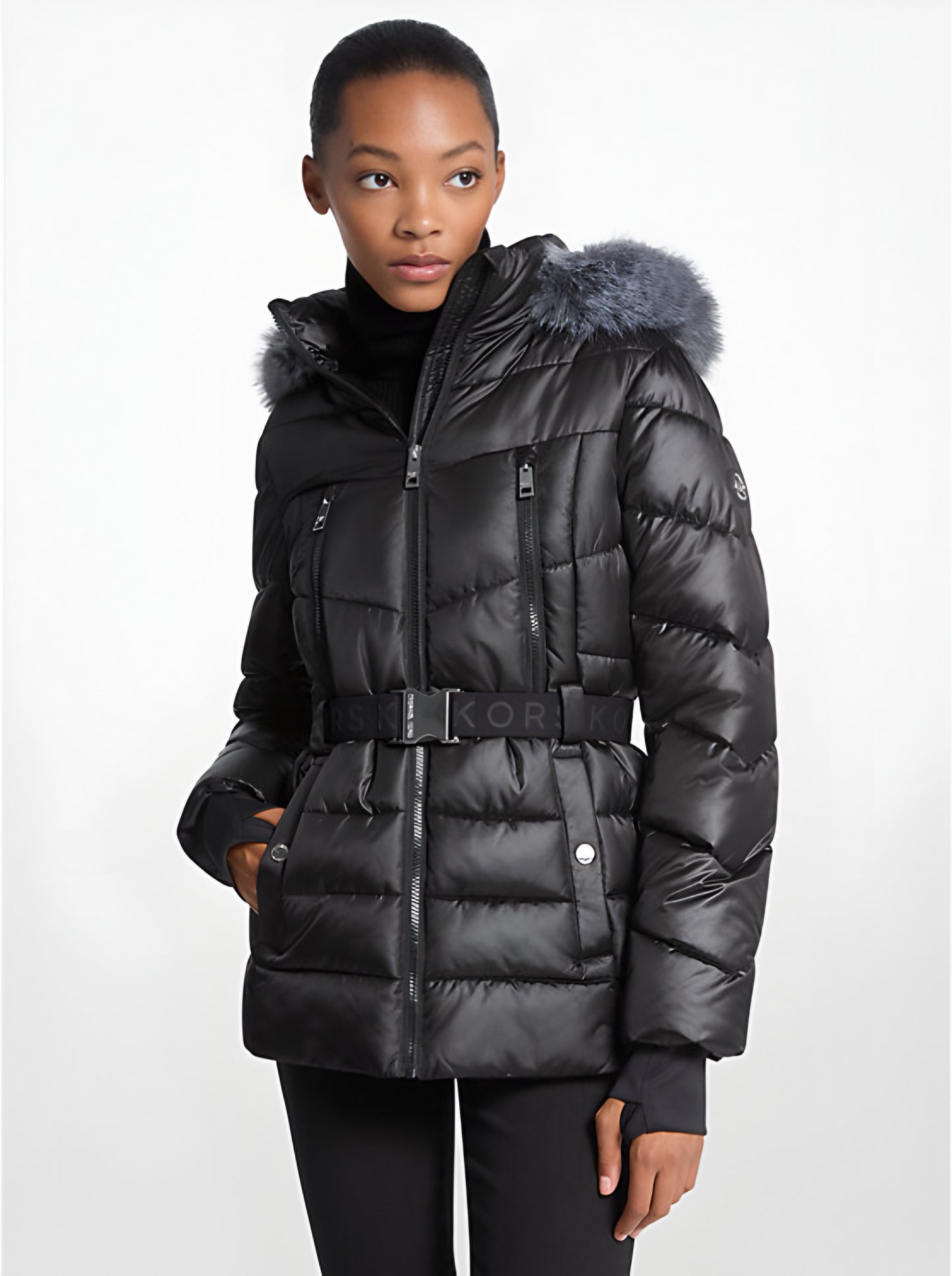 Michael Kors Women's Gray Faux Fur Trim Belted Puffer Jacket