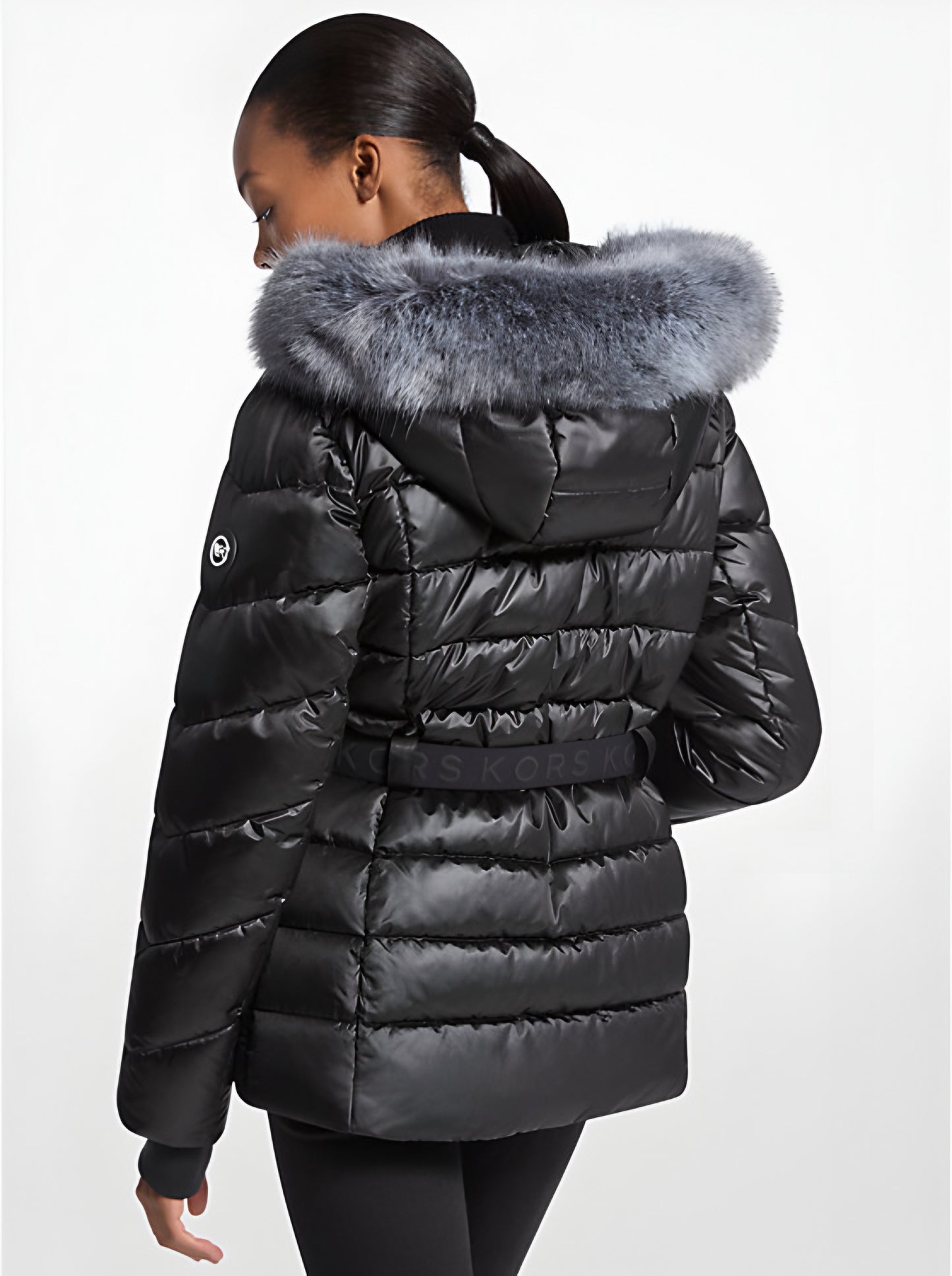 Michael Kors Women's Gray Faux Fur Trim Belted Puffer Jacket